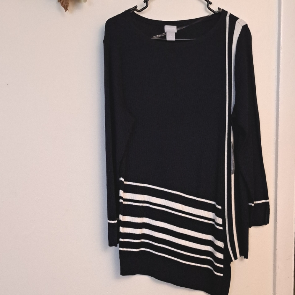 Chico's Navy and White Striped Tunic Sweater NWT